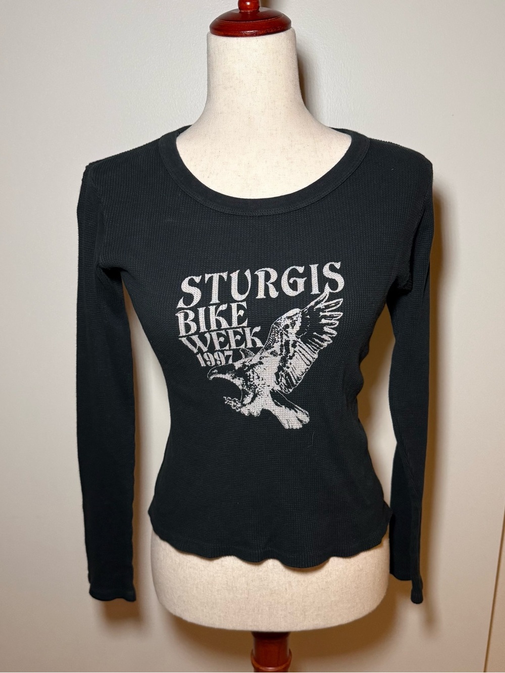 Brandy Melville Black Waffle-Knit Thermal Graphic Long Sleeve Top